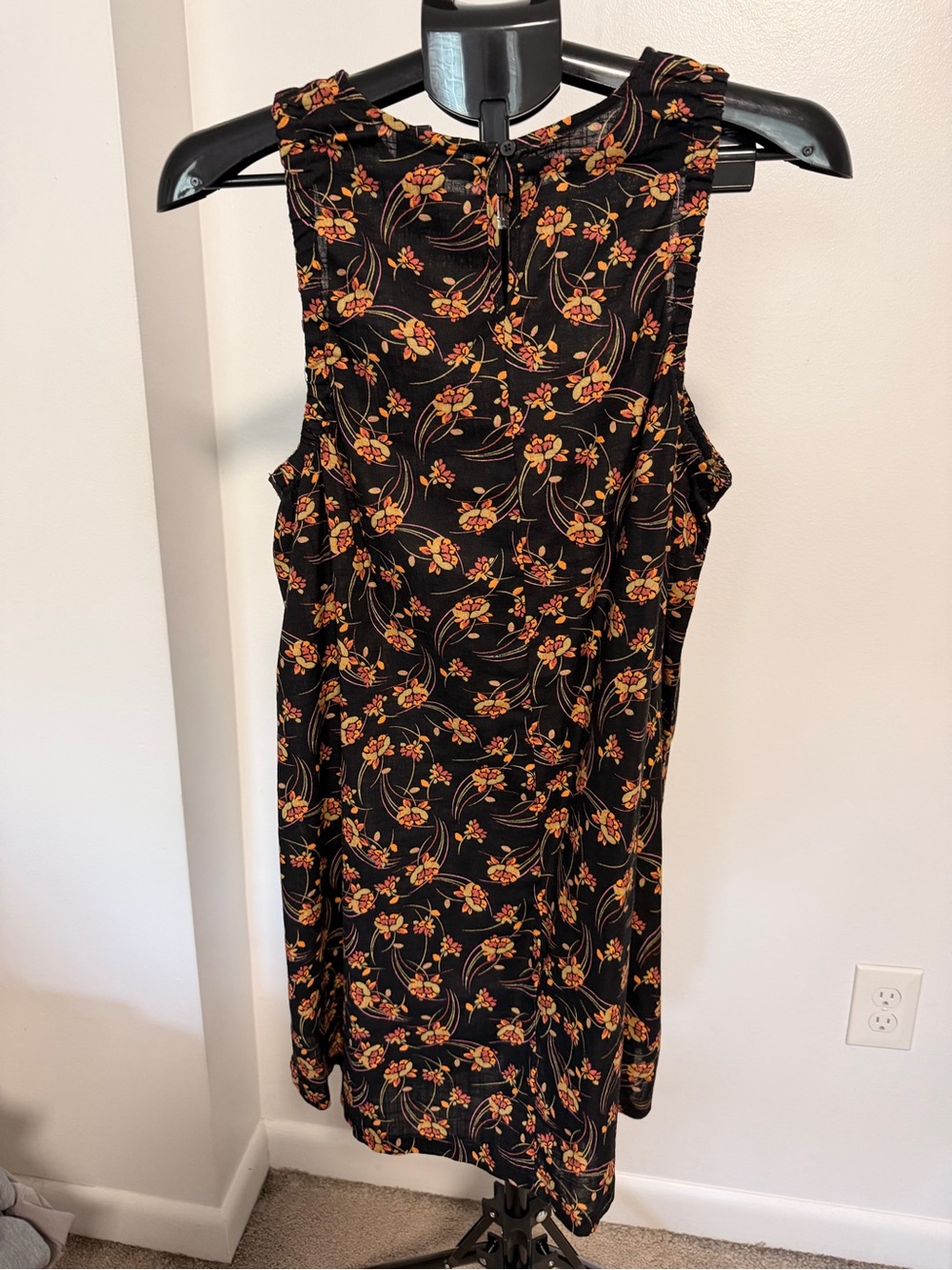 Sleeveless Black Dress with Orange Floral Print